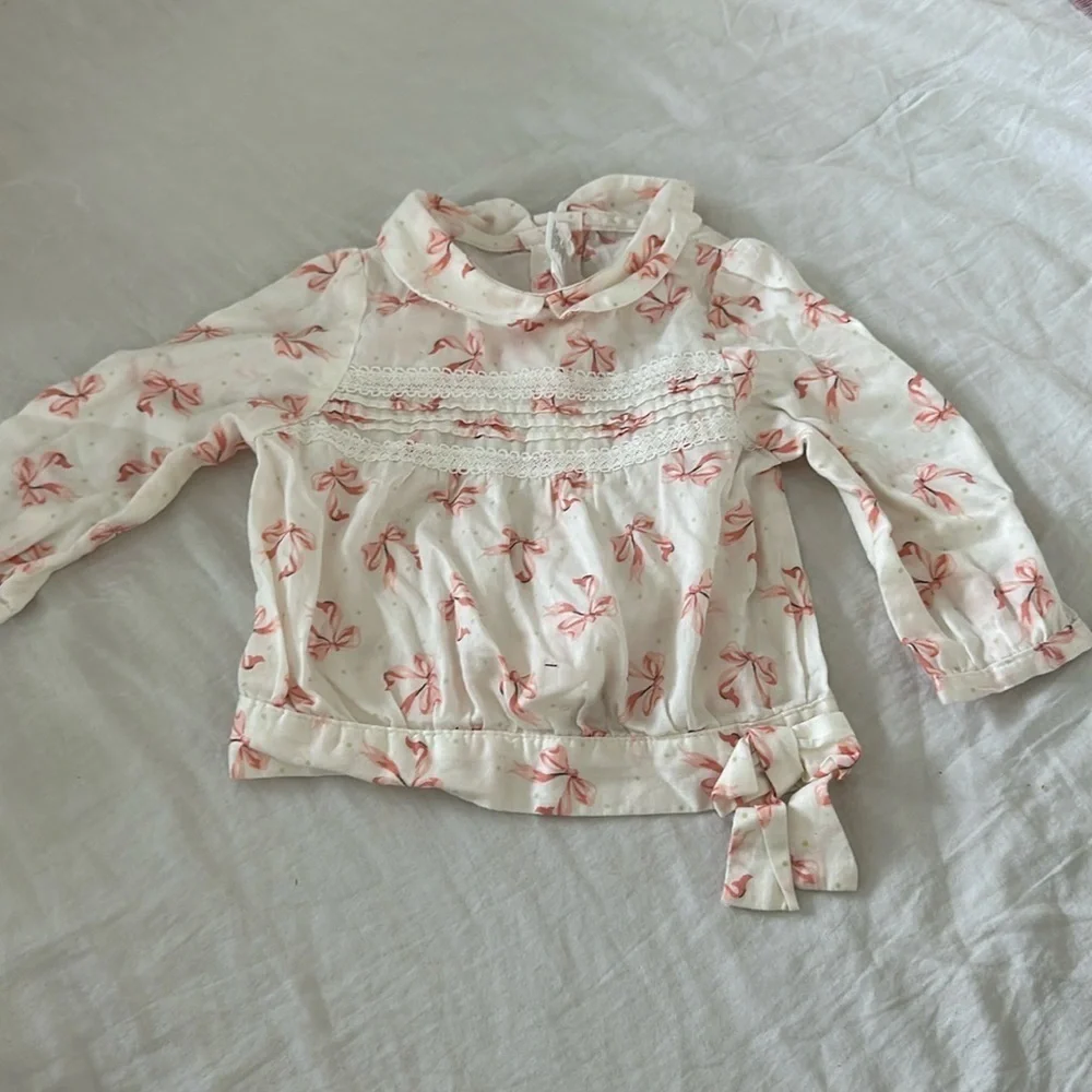 Janie & Jack Smocked Pink Bow Print Blouse baby girl 3/6m